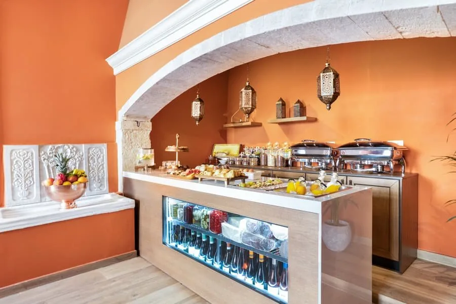 The buffet in the vaulted room