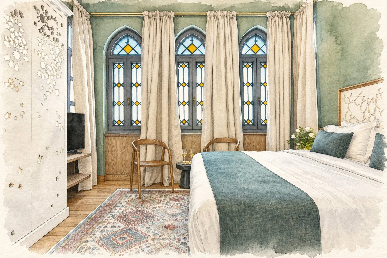 Engraving: a room with stained-glass windows