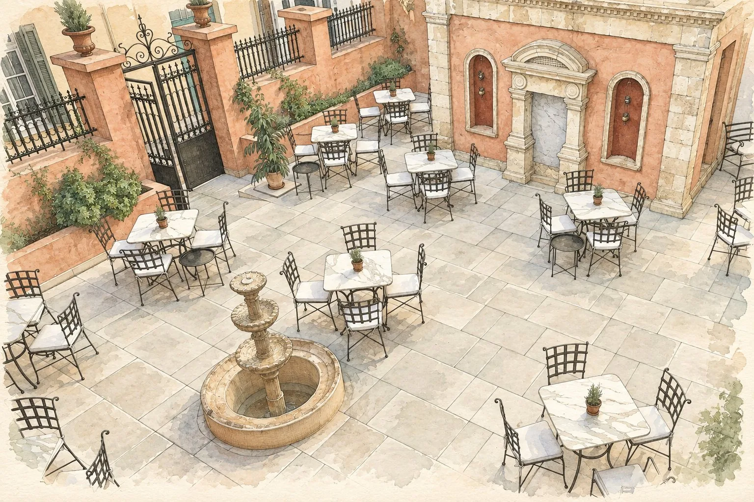 Engraving: the courtyard of the konaki with the fountain