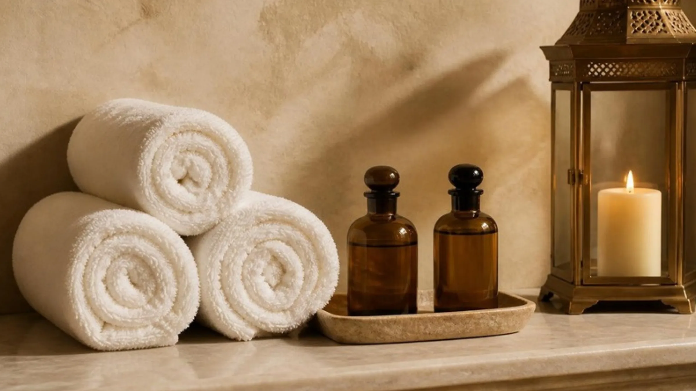 Towels, oils and a lantern on the marble